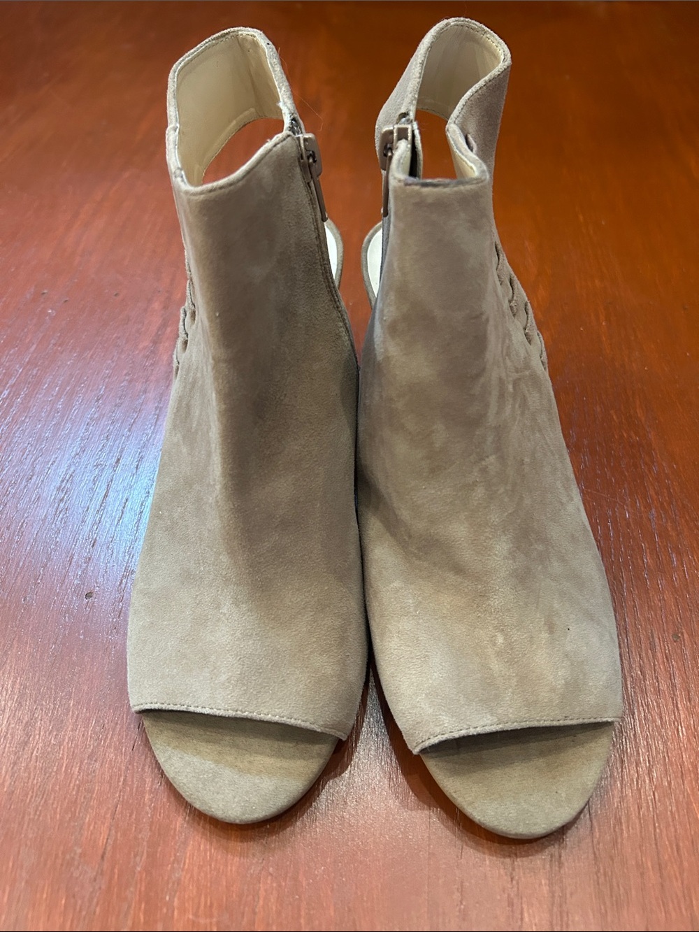 Nine West Taupe Suede Open-Toe Mule Booties